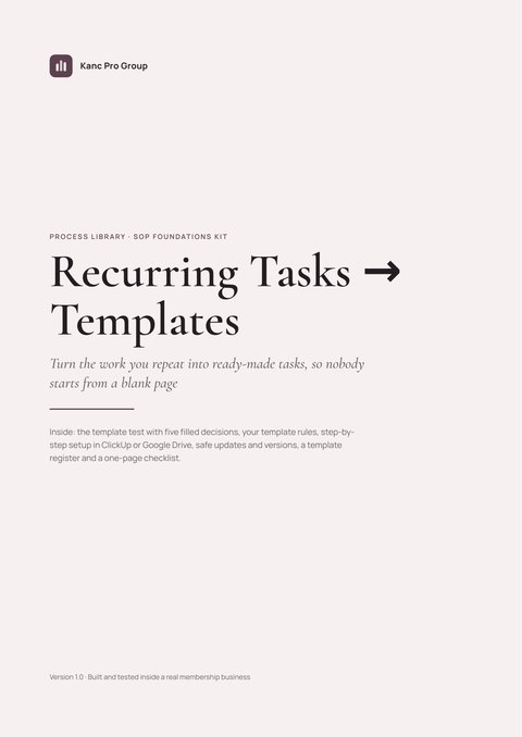 Cover of Recurring Tasks → Templates Guide by Kanc Pro Group: turn the work you repeat into ready-made tasks, so nobody starts from a blank page