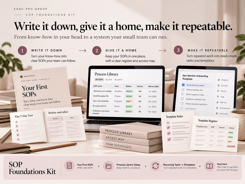 The three-step system: write it down, give it a home, make it repeatable, with a process library and a new member onboarding template