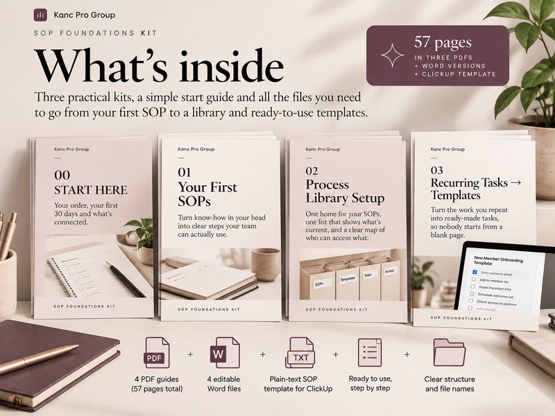 What's inside the SOP Foundations Kit: Start here, Your First SOPs, Process Library Setup and Recurring Tasks → Templates, as PDF and Word files plus a plain-text ClickUp template