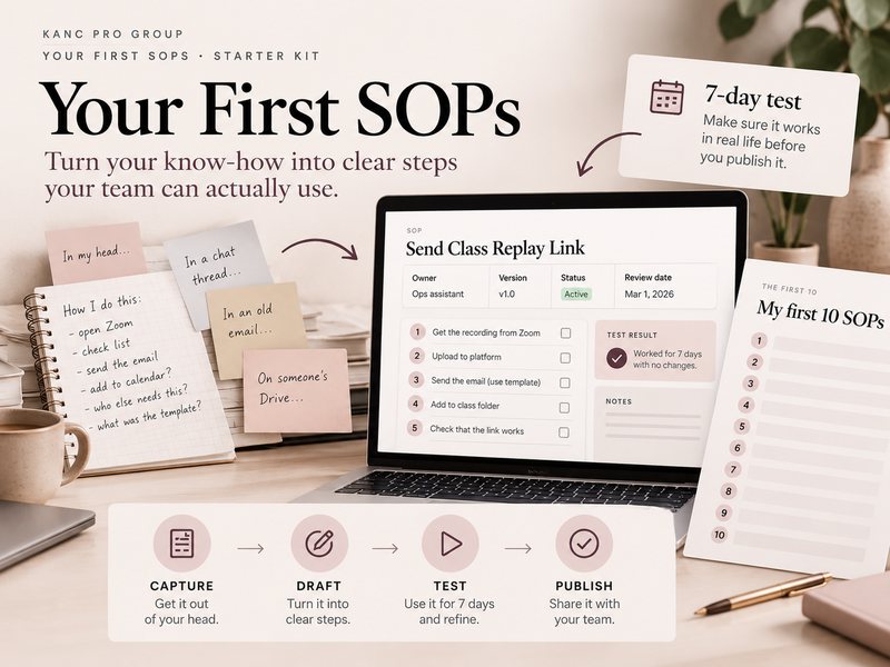 Your First SOPs: capture, draft, test and publish, with a 7-day test and a list of your first 10 SOPs